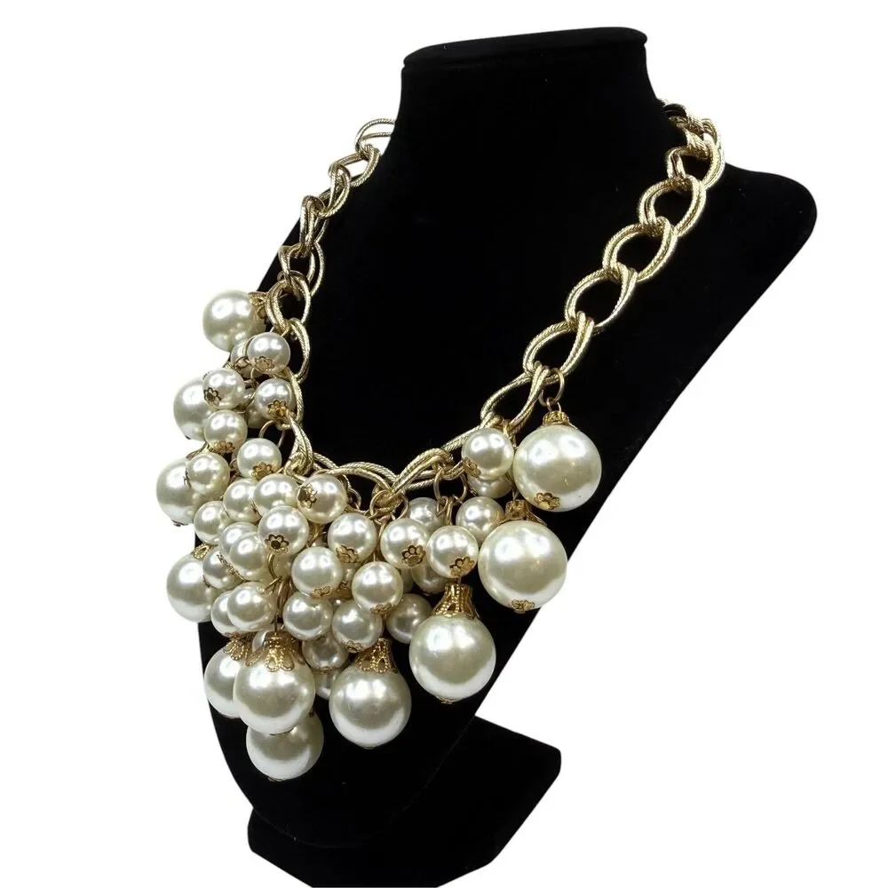 Chunky Gold Tone Chain Faux Pearl Bib Statement Necklace Fashion Jewelry 17